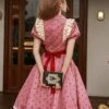 Limited Sweetheart Series Retro Cute Ruffle Bowknot Neckline Plaid Heart Pattern Sweet Lolita Short Sleeve Dress