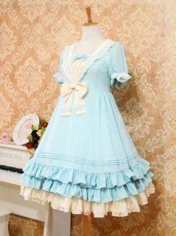 Navy Blue Bowknot Sweet Lolita Short Sleeve Dress -MIMY Lolita Shop 5 500x672 238