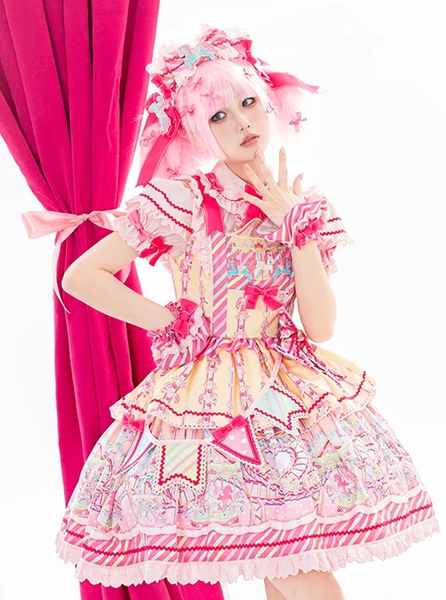 Candy Amusement Park Series Cute Colorful Striped Carousel Print Lace Ruffle Bowknot Sweet Lolita Sleeveless Dress 10 Candy Amusement Park Series Cute Colorful Striped Carousel Print Lace Ruffle Bowknot Sweet Lolita Sleeveless Dress - Image 8