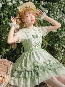 Lucky Day Series Green Plaid Stitching Small Fresh Rabbit Print Cute Girly Sweet Lolita Sleeveless Dress Set -MIMY Lolita Shop 5 500x672 258