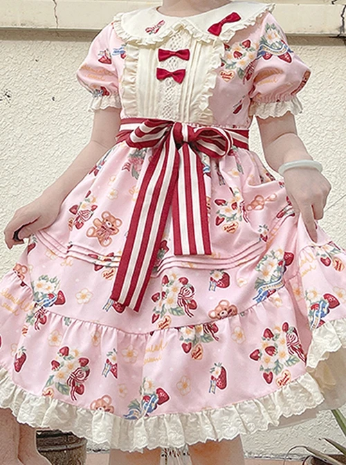 Doll Collar Lace Bear Strawberry Print Puff Sleeve Bow Red And White Striped Belt Sweet Lolita Short Sleeve Dress 12 Doll Collar Lace Bear Strawberry Print Puff Sleeve Bow Red And White Striped Belt Sweet Lolita Short Sleeve Dress - Image 10