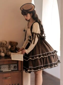 Fog Brown Series Retro Doll Sense Elegant Square Collar Chiffon Puff Sleeve Brown Sweet Lolita Long-Sleeved Dress -MIMY Lolita Shop 5 500x672 292