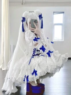 White Moon Series Chinese Style New Chinese Style Three-Dimensional Jacquard Blue Rose Bowknot Decoration Gothic Lolita Short-Sleeved Dress -MIMY Lolita Shop 5 500x672 3