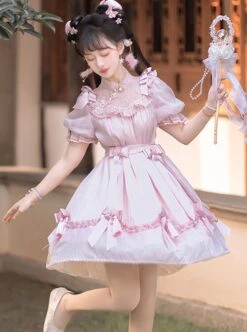 Lovely Ancient Style Peach Blossom Dark Pattern Lace Stand Collar Pearl Bowknot Small Bell Decoration Sweet Lolita Puff Sleeve Dress -MIMY Lolita Shop 5 500x672 300