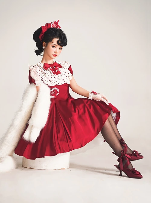 Sweet Lolita Ruffled Round Neck Profile Cute Big Bow Satin HeartShooting Short Sleeve A-Line Dress 4 Sweet Lolita Ruffled Round Neck Profile Cute Big Bow Satin HeartShooting Short Sleeve A-Line Dress - Image 2