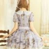 Handmade Cat Series Low Saturation Light Purple Pansy Kitty Pastoral Butterfly Book Print Sweet Lolita Puff Sleeves Dress