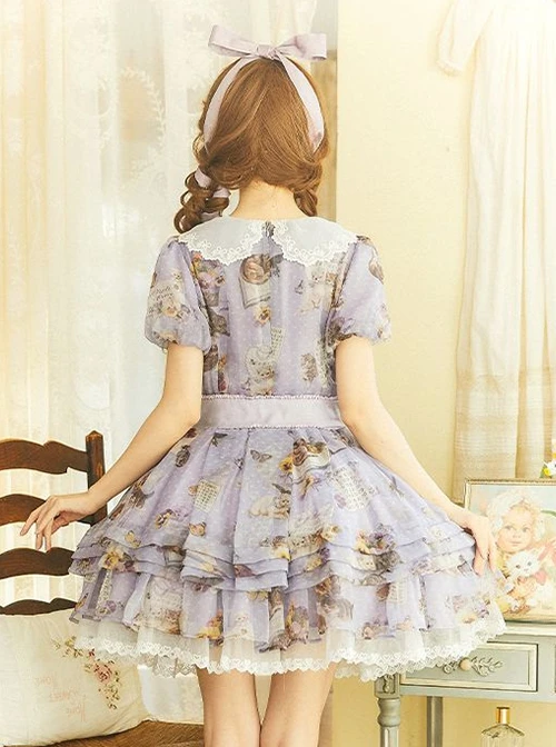 Handmade Cat Series Low Saturation Light Purple Pansy Kitty Pastoral Butterfly Book Print Sweet Lolita Puff Sleeves Dress 3 Handmade Cat Series Low Saturation Light Purple Pansy Kitty Pastoral Butterfly Book Print Sweet Lolita Puff Sleeves Dress