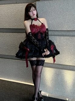 Succubus Rose Style Vintage Elegant Jacquard Lace-Up Bowknot Decoration Sexy Halter Neck Gothic Lolita Sleeveless Dress -MIMY Lolita Shop 5 500x672 31