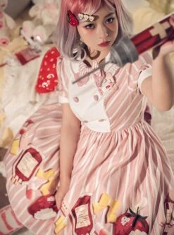 Striped Bow Doll Collar Detachable Sleeves Strawberry Blood Bag Syringe Print Striped Halloween Sweet Lolita Long Sleeve Dress -MIMY Lolita Shop 5 500x672 318