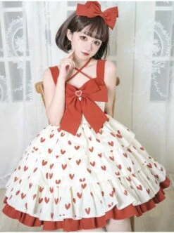 Hi My Sweetheart Series JSK Summer White Short Three-segment Hem Red Love ​Lace Bow Decoration Sweet Lolita Sleeveless Dress -MIMY Lolita Shop 5 500x672 326
