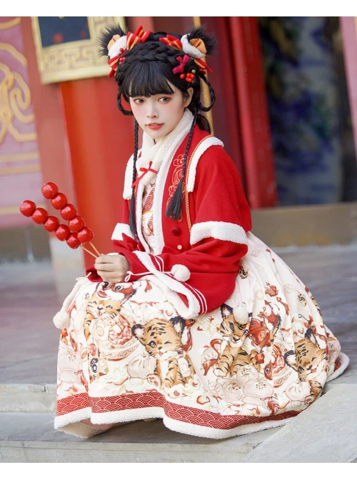 Chinese New Year Style Cute Tigers Printing JSK Sweet Lolita Winter Red Sleeveless Dress Short Coat Set 3 Chinese New Year Style Cute Tigers Printing JSK Sweet Lolita Winter Red Sleeveless Dress Short Coat Set