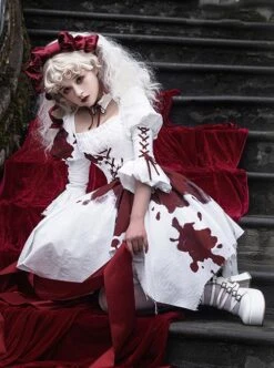 Romeo Series Lacing Stand Collar Chest Hollow Irregular Hem Bloody Gothic Lolita Mid-Sleeved Dress -MIMY Lolita Shop 5 500x672 34