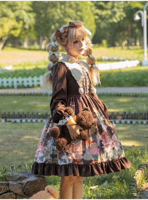 Christmas Bear Series OP Cute Printing Plush Ball Ruffle Pointed Collar Sweet Lolita Brown Long Sleeve Dress 6 Christmas Bear Series OP Cute Printing Plush Ball Ruffle Pointed Collar Sweet Lolita Brown Long Sleeve Dress - Image 4