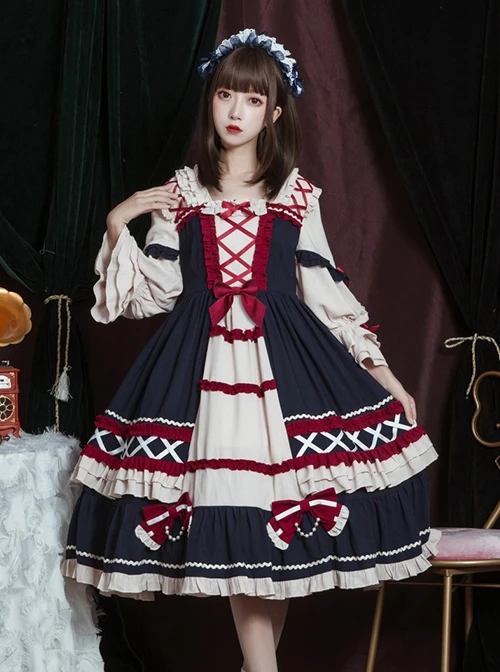 Retro Heavy Industry Ruffled Square Neck Stitching Lantern Sleeve Bow-Knot Ribbons Decoration Sweet Lolita Short-Sleeved Dress 4 Retro Heavy Industry Ruffled Square Neck Stitching Lantern Sleeve Bow-Knot Ribbons Decoration Sweet Lolita Short-Sleeved Dress - Image 2