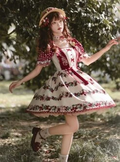 Midsummer Orchard Series Pastoral Style Ruffle Red Cherry Bunny Print Sweet Lolita Checkered Puff Sleeves Dress -MIMY Lolita Shop 5 500x672 347