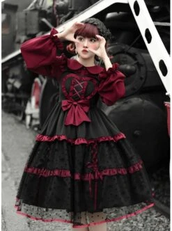 Silent Portrait Series JSK Red Bowknot Three-stage Hem Black Sweet Lolita Ruffle Sling Dress -MIMY Lolita Shop 5 500x672 349