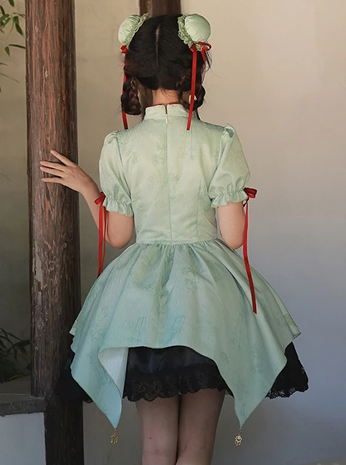 Orchid Pavilion Chinese Style Bamboo Leaves Auspicious Clouds Green Print Elegant Splice Lace Broad Sleeves Classic Lolita Dress OP 4 Orchid Pavilion Chinese Style Bamboo Leaves Auspicious Clouds Green Print Elegant Splice Lace Broad Sleeves Classic Lolita Dress OP - Image 2