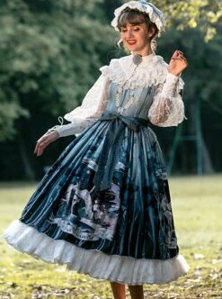 Echo Voice Series SP Printing Back Placket V Collar Cuff Drawstring Tea Party Style Classic Lolita Lace Long Sleeves Dress -MIMY Lolita Shop 5 500x672 362