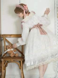 Elegant Vintage White Camellia Pattern Print Decoration Lace Pleated Crew Neck Design Classic Lolita Long Sleeve Dress -MIMY Lolita Shop 5 500x672 370