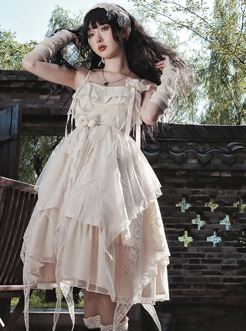 Pure Color Irregular Skirt Three-Dimensional Flower Corsage Waist Chain Elegant Sleeveless Classic Lolita Dress 9 Pure Color Irregular Skirt Three-Dimensional Flower Corsage Waist Chain Elegant Sleeveless Classic Lolita Dress - Image 7