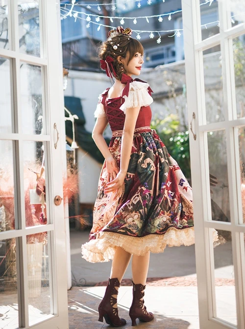 Wanhua Mirror Series Classical Elegant Square Neck Small Fly Sleeve Design Retro Oil Painting Print Ruffle Hem Classic Lolita Short Sleeve Dress 3 Wanhua Mirror Series Classical Elegant Square Neck Small Fly Sleeve Design Retro Oil Painting Print Ruffle Hem Classic Lolita Short Sleeve Dress