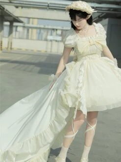 Spring Summer Pure Color Puff Sleeve Elegant Bowknot Decoration Detachable Trailing Classic Lolita Short-Sleeved Dress -MIMY Lolita Shop 5 500x672 399