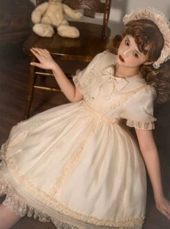 Solid Color Retro Doll Collar Summer Bow Puff Sleeve Lace Hem Classic Lolita Short Sleeve Dress -MIMY Lolita Shop 5 500x672 411