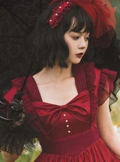 French Court Elegant Solid Color Square Neck Bow Ruffled Large Skirt Hem Chiffon Classic Lolita Short-Sleeved Dress -MIMY Lolita Shop 5 500x672 419