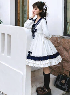 Heart Route Series OP White Sailor Suit V-Neck Design Bow Knots Decoration Long Sleeve Classic Lolita Dress -MIMY Lolita Shop 5 500x672 421