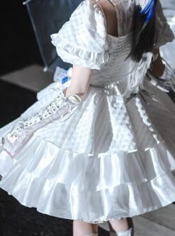 White Jacquard Lace Puff Sleeve Blue Rose Decoration Sexy Gothic Lolita Short Sleeve Dress -MIMY Lolita Shop 5 500x672 43