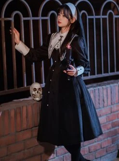 Twilight Prayer Series Nun Style False Collar Detachable Early Spring Retro Lantern Sleeve Gothic Lolita Long Sleeve Dress -MIMY Lolita Shop 5 500x672 44