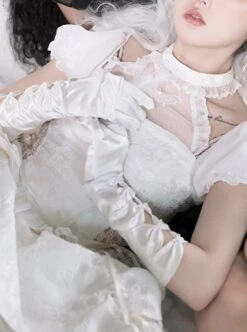 Butterfly Bone Series Pure White Dark Pattern Jacquard Texture Ruffles Embroidered Butterfly Lace Classic Lolita Puff Sleeves Dress OP -MIMY Lolita Shop 5 500x672 442