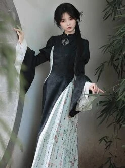 Orchid Pavilion Frosty Moonlit Night Chinese Style Retro Dark Black Witch Sexy Slim Puff Ruffled Sleeves Splice Lace Gothic Lolita Dress Cheongsam -MIMY Lolita Shop 5 500x672 45