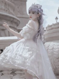 Pure White Elegant Multi-Layer Gorgeous Hem Classic Lolita Bowknot Decoration Short-Sleeved Dress -MIMY Lolita Shop 5 500x672 465