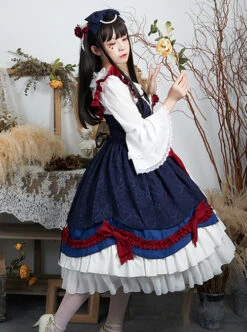 Delicate Print Ornament Pleated Lace Red Bow Knot Design Cross Tie Jacquard Lace Classic Lolita Dress -MIMY Lolita Shop 5 500x672 470