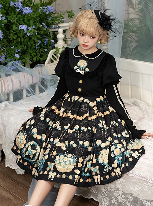 Flower Court Series Cute Sweet Doll Collar Puff Sleeve Floral Print Winter Classic Lolita Long-Sleeved Dress 7 Flower Court Series Cute Sweet Doll Collar Puff Sleeve Floral Print Winter Classic Lolita Long-Sleeved Dress - Image 5
