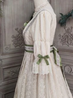 Sally Garden Series Daily Imperial Style Square Neckline High Waist Lotus Short Sleeves Small Floral Embroidery Long Dress OP -MIMY Lolita Shop 5 500x672 484