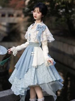 Sea Flowers Series Blue New Chinese Style Wesh Yarn Lace Fake Two Piece Irregular Embroidered Classic Long Sleeves Lolita Dress -MIMY Lolita Shop 5 500x672 495
