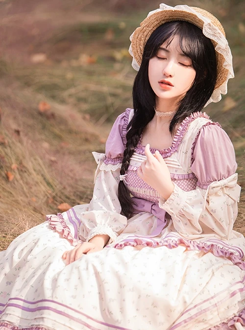 Pastoral Style Square Neck Floral Bow-Knot Decoration Detachable Sleeves Classic Lolita Long Short Sleeve Dress 5 Pastoral Style Square Neck Floral Bow-Knot Decoration Detachable Sleeves Classic Lolita Long Short Sleeve Dress - Image 3