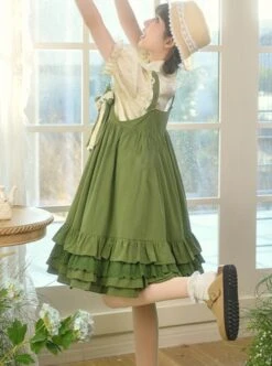 Forest Style Leaf Lace Ruffles Bowknot Sweet Retro Doll Classic Lolita Green Suspender Dress Short Sleeves Shirt Set -MIMY Lolita Shop 5 500x672 505
