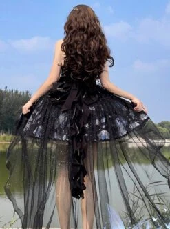 Deep Sea Jellyfish Series Elegant Refined Aquatic Plant Floral Print Pearl Black Yarn Tail Classic Lolita Sleeveless Halter Dress Set -MIMY Lolita Shop 5 500x672 508