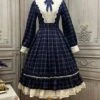 Elegant Vintage Check Woolen Fabric Ruched Ruffled Lace Trim White Lace Jacquard V Neckline Classic Lolita Long Sleeve Dress -MIMY Lolita Shop 5 500x672 512