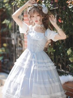 Shell Wind Chime Series Elegant Square Neck Lily-Of-The-Valley Embroidered Polka Dot Yarn Hem Classic Lolita Short-Sleeved Dress -MIMY Lolita Shop 5 500x672 513