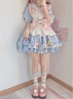 Cute Pastry Chef Checkerboard Design Pleated Ruffled Hem Bow Knot Apron Doll Neckline Classic Lolita Dress -MIMY Lolita Shop 5 500x672 514