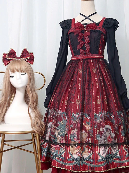 Alice's Christmas Series JSK Classic Lolita Wine Red Sling Dress 4 Alice's Christmas Series JSK Classic Lolita Wine Red Sling Dress - Image 2