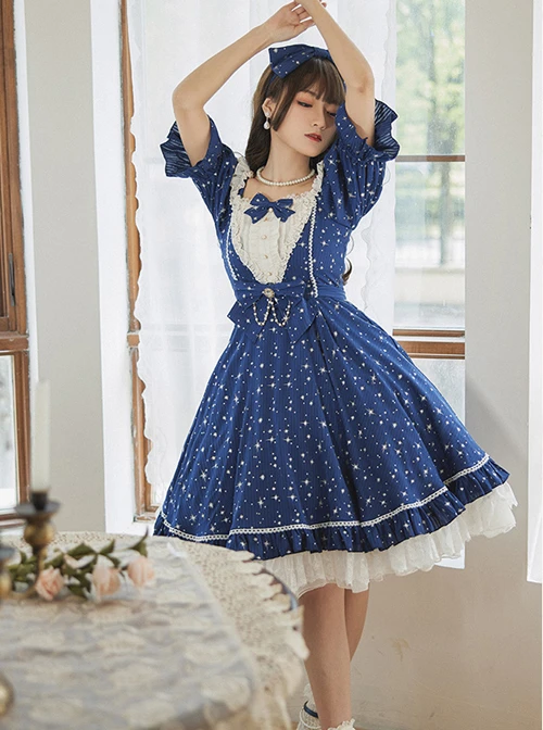 Classic Lolita Retro Solid Color Star Shape Embellishment Design Pleated Neckline Bow Knot Decoration Short Sleeve Dress 4 Classic Lolita Retro Solid Color Star Shape Embellishment Design Pleated Neckline Bow Knot Decoration Short Sleeve Dress - Image 2