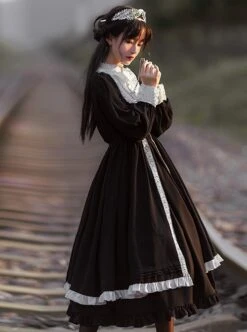 Nun Style Black-White Stand-Up Collar Lace Ruffles Large Skirt Classic Lolita Long-Sleeved Dress -MIMY Lolita Shop 5 500x672 520
