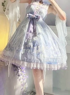Chinoiserie Purple Stand Collar Lace Bead Chain Bow Fringe Design Swan Castle Print Classic Lolita Sleeveless Dress -MIMY Lolita Shop 5 500x672 544