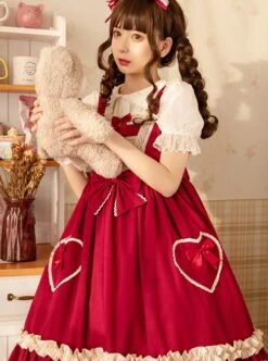 Hawthorn Milk Cover Series Red Cute Daily Lace Bow-Knot Love Heart Decoration Ruffle Hem Classic Lolita Sleeveless Dress -MIMY Lolita Shop 5 500x672 550