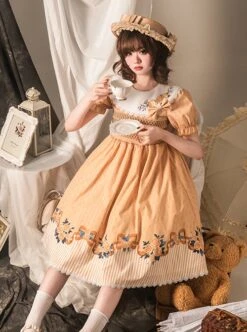 Pastoral Style Round Neck Rose Embroidery Floral Stripe Stitching Pure Color Classic Lolita Short Sleeved Dress -MIMY Lolita Shop 5 500x672 555